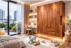 SINTERIOR 2 DOOR WARDROBE SOLID ACACIA WOOD MODULAR STORAGE CABINET NATURAL WOODEN ARMOIRE BEDROOM FURNITURE ORGANISER <b>CUPBOARD</b> - Product Image 2