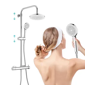 Sistema de baño montado en la pared, grifo de baño de altura ajustable, columna de ducha con cabezal de ducha de lluvia blanco de 22cm