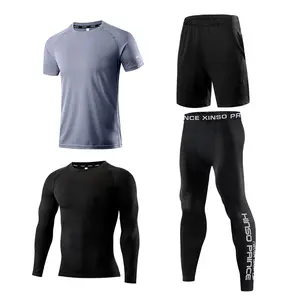 压缩服装定制标志聚酯运动服跑步套装4件套健身锻炼长袖男士运动服