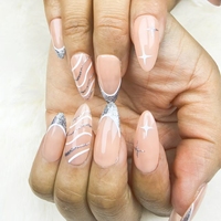 Uñas a presión en forma de almendra estilo francés dibujado a mano arte de uñas reutilizable de alta calidad