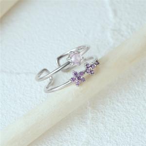 CANNER Bague double couche en argent sterling 925 avec fleurs empilées, zircon rose et fleur violette, ajustable, pour filles, cadeau, bijoux fins - Product Image 3
