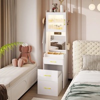 Commode vanité pliante blanche antique avec table de maquillage rabattable Tiroirs à miroir led et porte en verre Ensemble de maquillage pliable