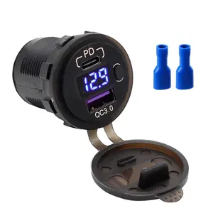 Waterproof 48W 12V 24V Type C PD+QC3.0 USB Car Charger Socket with on-off Switch and LED Voltmeter