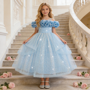 MQATZ, vestido de princesa de satén Floral para niñas, lentejuelas bordadas, lazo, cuello redondo, Formal para cumpleaños, bodas, fiestas, niños, ALP190 - Product Image 3