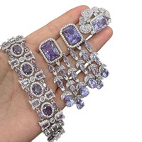 Schmuckset aus Kupfer mit Lila Edelstein und Quasten, 3-teilig, Abend-Schmuckset mit Armband, Ohrringen und Ring, OEM