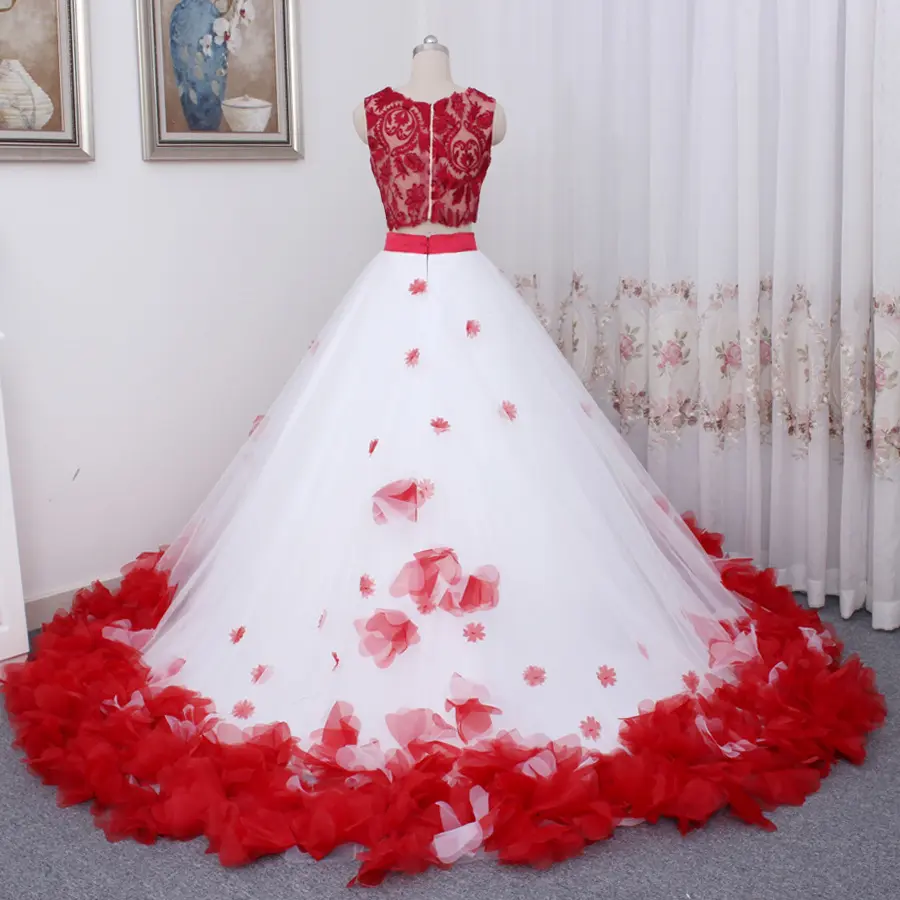 Moda Brautkleid kolsuz kabarık etek iki parçalı kırmızı ve beyaz düğün elbisesi dantel