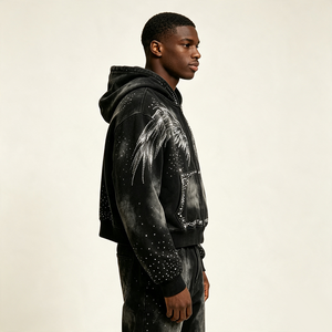 Veste courte à capuche effet vieilli avec détails ailes d'ange et strass, décorations diamantées, épaules tombantes, style streetwear - Product Image 2