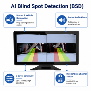 מצלמת דרך AI BSD Alarm 4CH עם מסך מגע IPS בגודל 10.36 אינץ', מערכת הפעלה אנדרואיד 13, DVR, הקלטה בלולאה 1080P, מתח רחב 9-36V, זיכרון RAM 4GB, אחסון 32GB - Product Image 5