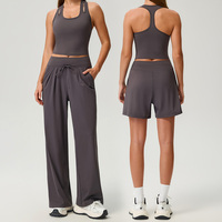 Ensemble de yoga 2 pièces pour femme, couleur unie, avec débardeur dos nageur à double bretelle en Nylon Spandex, séchage rapide et respirant, et pantalon à taille élastique avec poches hautes
