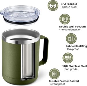 Taza de café de 14 oz con asa y tapa deslizante, vaso de viaje de acero inoxidable, taza de camping con aislamiento al vacío de doble pared - Product Image 2
