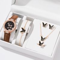 Lot de 5 Montres Tendance Luxe et Mode, Montre Ornée de Strass, Bague Papillon, Collier, Boucles d'Oreilles et Bracelet, Ensemble de Bijoux pour Femme, Cadeau