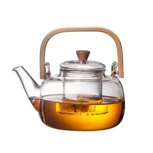 1100 ml clear tea pot wholesales high borosilicate teapot glass with infuser bamboo handle
