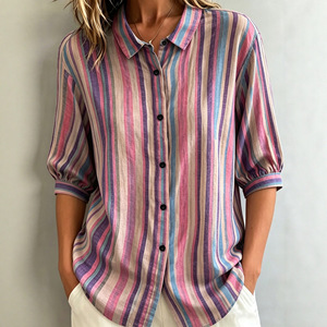 2026 New European Women Color <b>Block</b> Striped Shirt Lapel Single Breasted Half Sleeve Fashion Ladies Blouse Top - Product Image 3