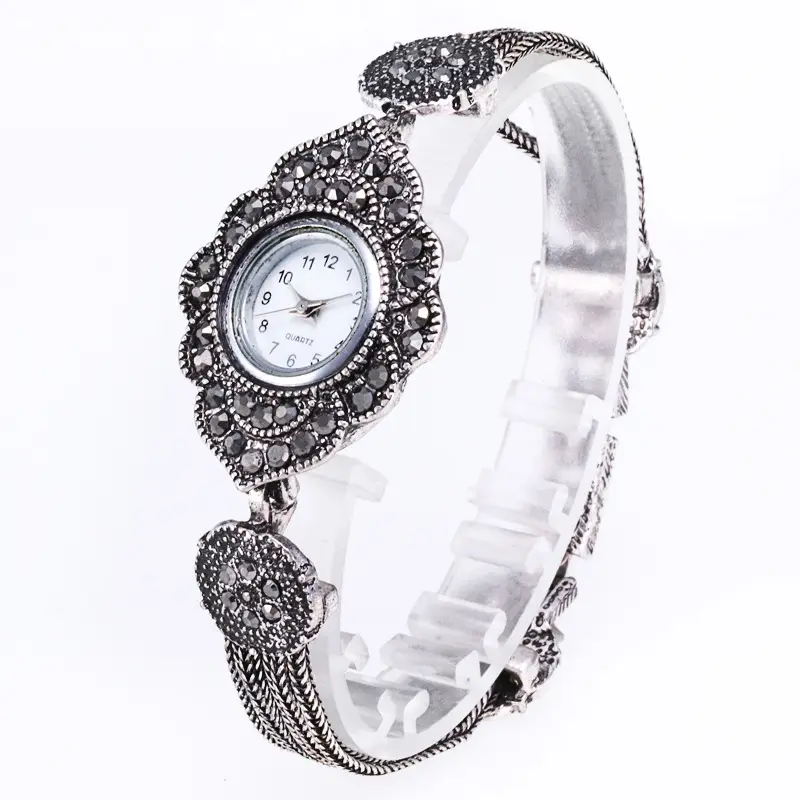 Vintage Antique Silver Black Diamond Watch Bracelet Explosive Chain Retro Art Zircon Quartz Watch