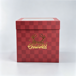 Merry Christmas Red Checkered Square Gift <b>Box</b> with Gold Foil Design Rigid Paperboard Packaging for Holiday Crafts - Product Image 5