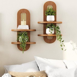 Wooden Bohemian Style <b>Wall</b> <b>Mounted</b> <b>Shelf</b> Oval Two Tier Plant Storage Rack For Living Room Bedroom - Product Image 1