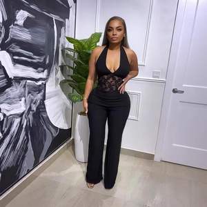 Combinaison de soirée élégante noire à col halter et décolleté en V pour femme, modèle 2026 personnalisé - Product Image 1