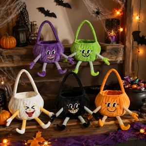 Borsa a secchiello in peluche Pafu per Halloween, divertente sacchetto porta caramelle a forma di fantasma con braccia e gambe, ideale come bomboniera per feste di Halloween per bambini - Product Image 2