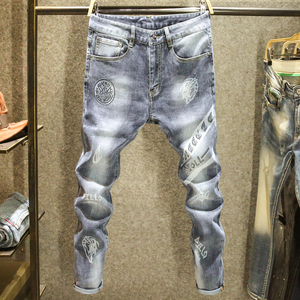 Jeans de mezclilla ajustados para hombre, estilo formal, desgastados, transpirables, impermeables, con detalles de botones, conjunto corto de algodón, azules, rasgados, estilo skinny. - Product Image 4