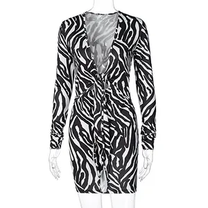 Zebra Impresso Bandage Mini Vestido Para As Mulheres Da Moda Vestidos de Manga Longa Bodycon Profundo Decote Em V Verão Beachwear