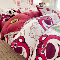 Parure de Lit Grand Lit 4 Pièces en Pur Coton Bleu Dessin Animé, Housse de Couette, Drap de Lit et Drap Housse Imprimés