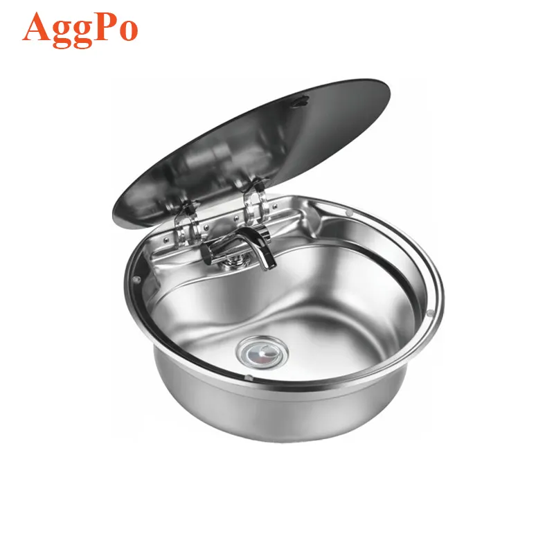 Stainless Steel Sink with Tempered Glass Cover RV Interior Kitchen Accessories Hand Wash Basin Metal Balcony Caravan Sinks Bowl