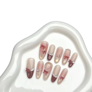 Lot de 10 faux ongles réutilisables faits main, style amandes moyennes-longues, <span class=keywords><strong>rouge</strong></span> français, motif guirlande pour Doigts, collection Saint-Valentin Automne-Été - Product Image 1