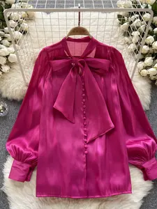 Оптовая продажа 2024 весна-осень модная повседневная Милая рубашка женская элегантная темпераментная Элегантная блузка с бантом женские блузки