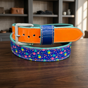 Ceinture de baseball réversible avec imprimé géométrique orange et bleu, boucle rectangulaire argentée, style décontracté - Product Image 2