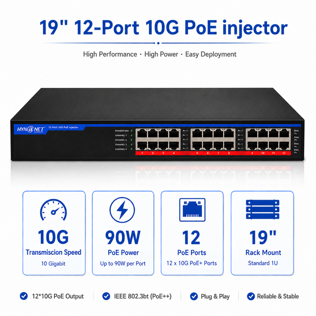 Hi-Net 16-Port 10G 44V~57V 90W Ethernet POE Injector /Network PoE Mid-Span 1U Rack-Mountable