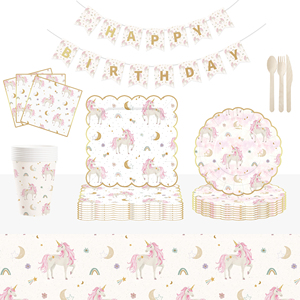 Vaisselle jetable pour fête d'anniversaire enfant DAMA, thème licorne rose, pour filles, baby shower, serviettes en papier, gobelets, assiettes - Product Image 4