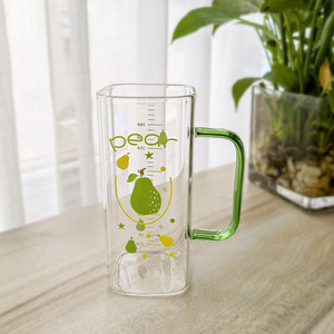 Wholesale High Quality Transparent <strong>Can</strong> Cups <strong>With</strong> Bamboo Lids and Glass Straw Square Glass Coffee Cup <strong>With</strong> Color <strong>Handle</strong> - Product Image 5