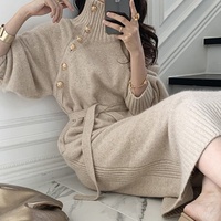 Robe midi élégante en tricot pour femme, OEM/ODM, avec ceinture ajustable et manches lanternes, pour la mode automne-hiver