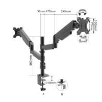 Support de bureau à ressort à gaz pour deux moniteurs 15-32 pouces avec bras articulé et monture complète VESA 75x75mm ou 100x100mm