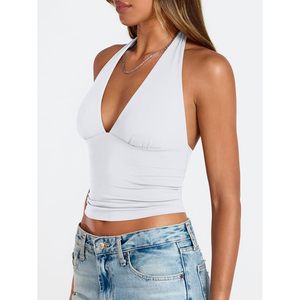 Double Lined Halter <b>Top</b> For Women Deep V Neck Crop <b>Top</b> <b>Backless</b> Bodycon Jersey Summer Teen Party Clubbing - Product Image 4
