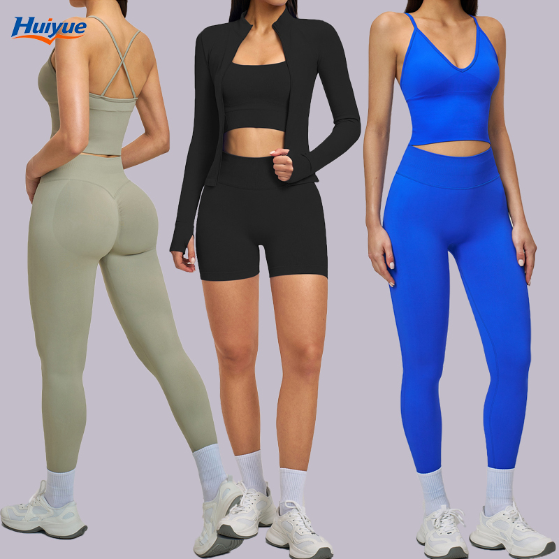 New Arrival I-shape Back Gym Wear Crop Top High Support Vest Workout Set 5 Pieces Gym Fitness Flare Leggings Running Suit