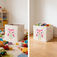 Cube de rangement pliable en tissu avec applique hibou en feutre, organiseur de jouets pour chambre de bébé avec poignées