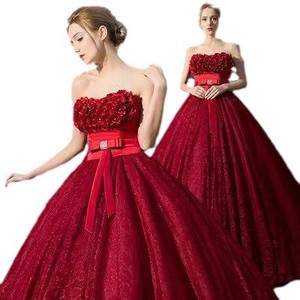 Strapless Evening Gown <strong>Claret</strong> 3D Floral Print Puffy Skirt Natural Waistline For Company Annual Meeting - Product Image 2