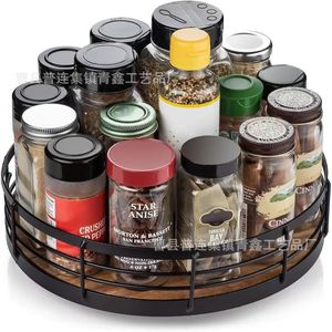 Retro Style Kitchen <b>Spice</b> <b>Rack</b> Round <b>Rotating</b> Wood And Iron Storage Tray For Condiments And Seasonings 12 Compartments - Product Image 1