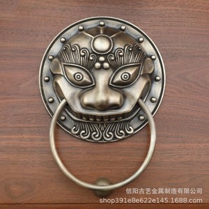 Poignée de porte en cuivre de style antique, motif lion et tigre, décoration de surface au milieu du panneau de porte - Product Image 3