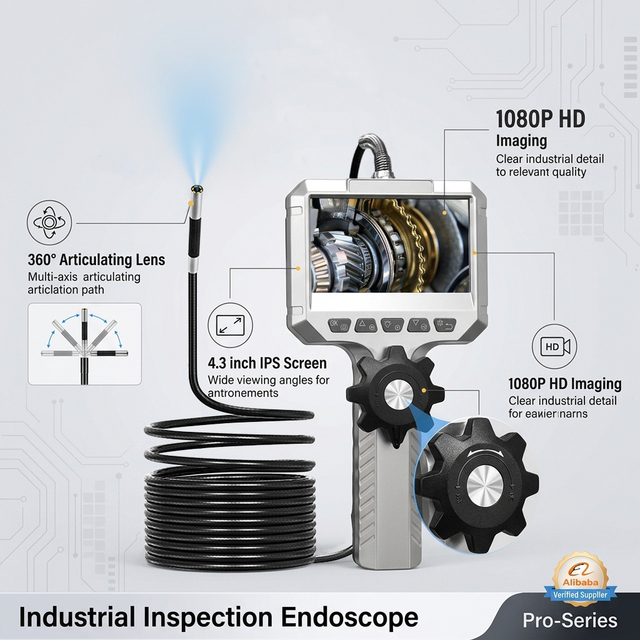 4.3 Inch IPS Screen 360 Degree Articulating Endoscope 1080P Steering Industrial Borescope Camera IP67 Rated 6X Zoom Adjustable