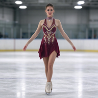 Robe de patinage artistique rouge bordeaux à col montant, dos nu, manches longues en maille, découpes ornées de strass pour enfants et adultes, idéale pour la compétition et les spectacles