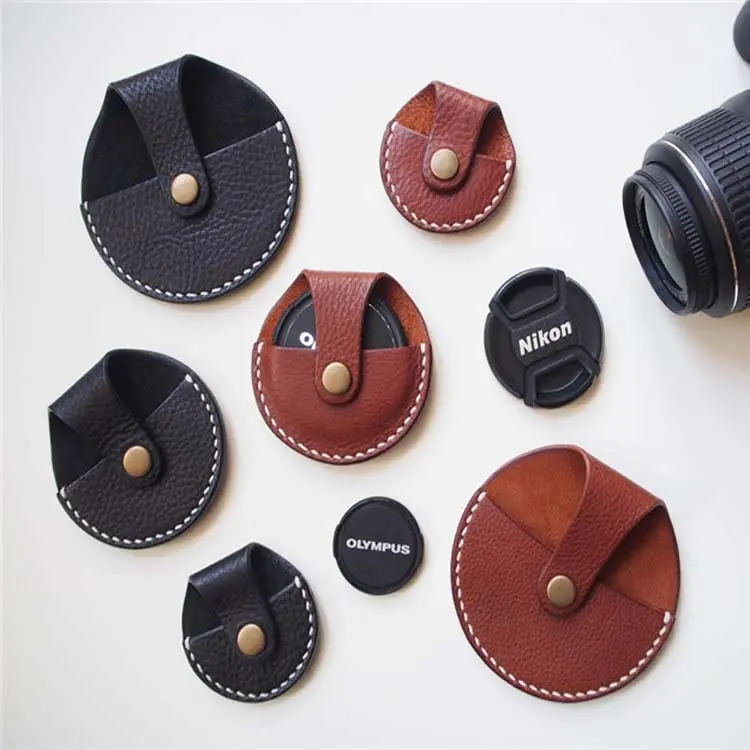 Customized Private Logo Soft PU Genuine Leather Camera Lens Cap Holder Cover