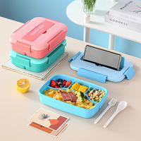 Boîte à lunch rectangulaire en plastique à trois compartiments de style étudiant japonais, avec couvercle, compatible micro-ondes et résistante à la chaleur