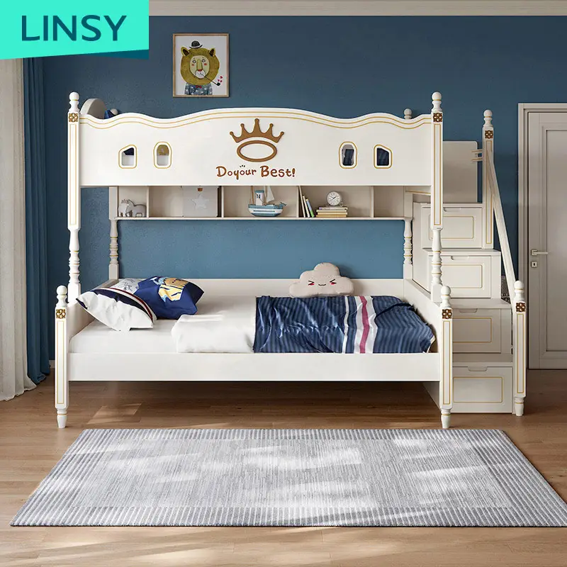 Linsy الخشب الفتيان الفتيات الأطفال سرير البيت نوم لوفت مجموعات أثاث متعدد الوظائف الكرتون التوأم الاطفال سرير بطابقين LS196A1