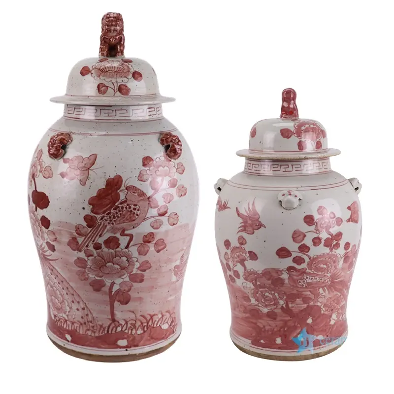 RXBN06-D-L-S hand painted antique underglazed red flower and birds pattern big and small sizes porcelain ginger jar