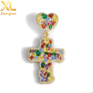 Iced Out Colorful Love <b>Hook</b> Cross <b>Earrings</b> 14K Gold Plated Large Baguette CZ Diamonds Custom Charm Hip Hop Jewelry - Product Image 2