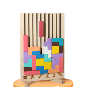 Gioco di Costruzioni in Legno <span class=keywords><strong>Tetris</strong></span> Montessori, Giocattolo Educativo per l'Apprendimento Precoce con Puzzle di Forme e Carte Guida per Bambini - Product Image 4