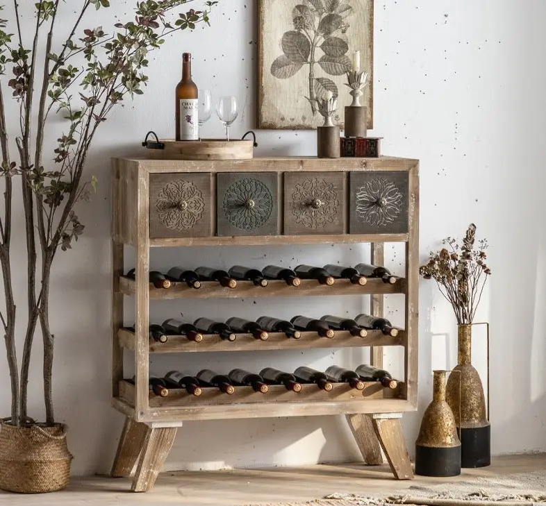 Vintage vinho tinto cremalheira madeira maciça varanda piso vinho display rack estilo industrial bar armazenamento rack