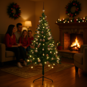 Árbol de Navidad Artificial Preiluminado de 70.9 Pulgadas en Verde y Gris con Juego de Bolas, Luces LED Blancas Cálidas, Base para Interior - Product Image 2
